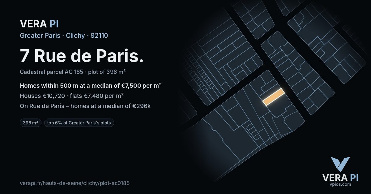 7 Rue de Paris, Clichy at night – the plot lit, the parcels around coloured by the prices near them