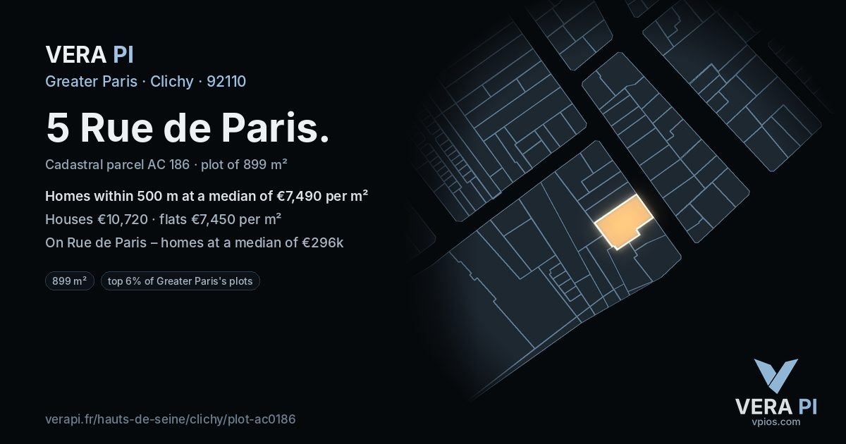 5 Rue de Paris, Clichy at night – the plot lit, the parcels around coloured by the prices near them