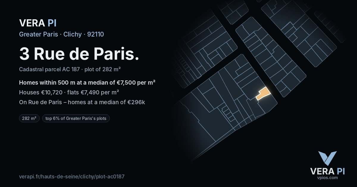 3 Rue de Paris, Clichy at night – the plot lit, the parcels around coloured by the prices near them