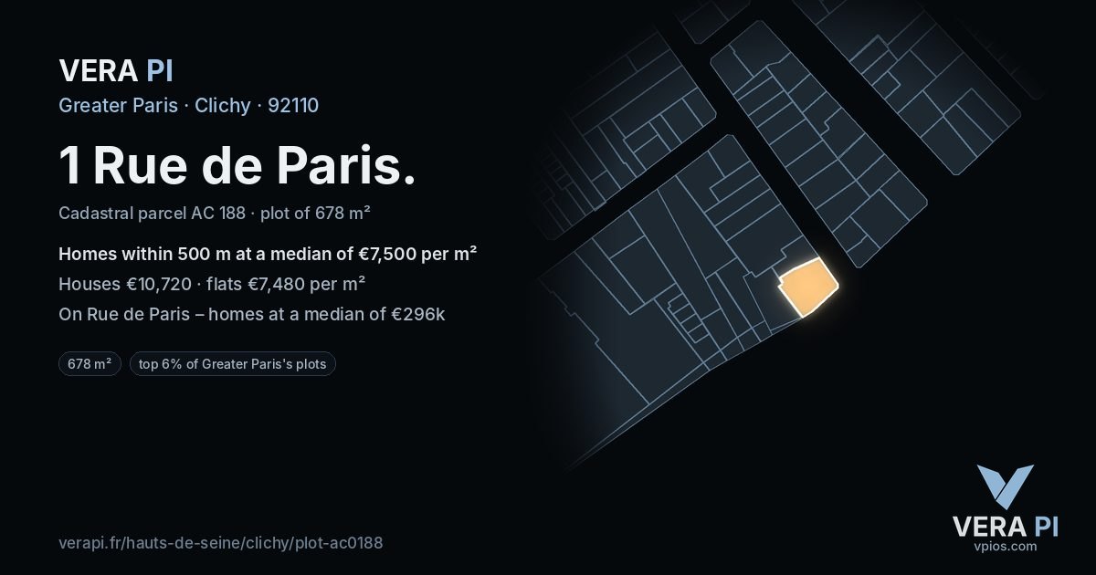 1 Rue de Paris, Clichy at night – the plot lit, the parcels around coloured by the prices near them