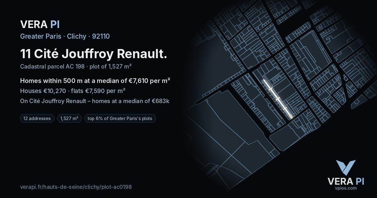11 Cité Jouffroy Renault, Clichy at night – the plot lit, the parcels around coloured by the prices near them