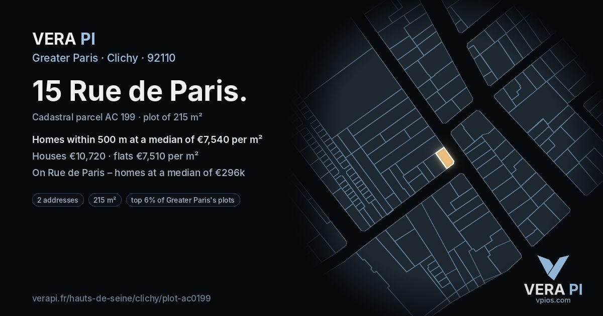 15 Rue de Paris, Clichy at night – the plot lit, the parcels around coloured by the prices near them