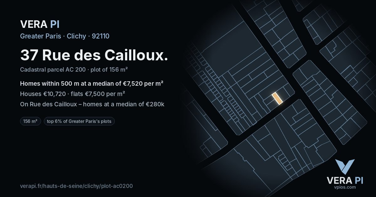 37 Rue des Cailloux, Clichy at night – the plot lit, the parcels around coloured by the prices near them