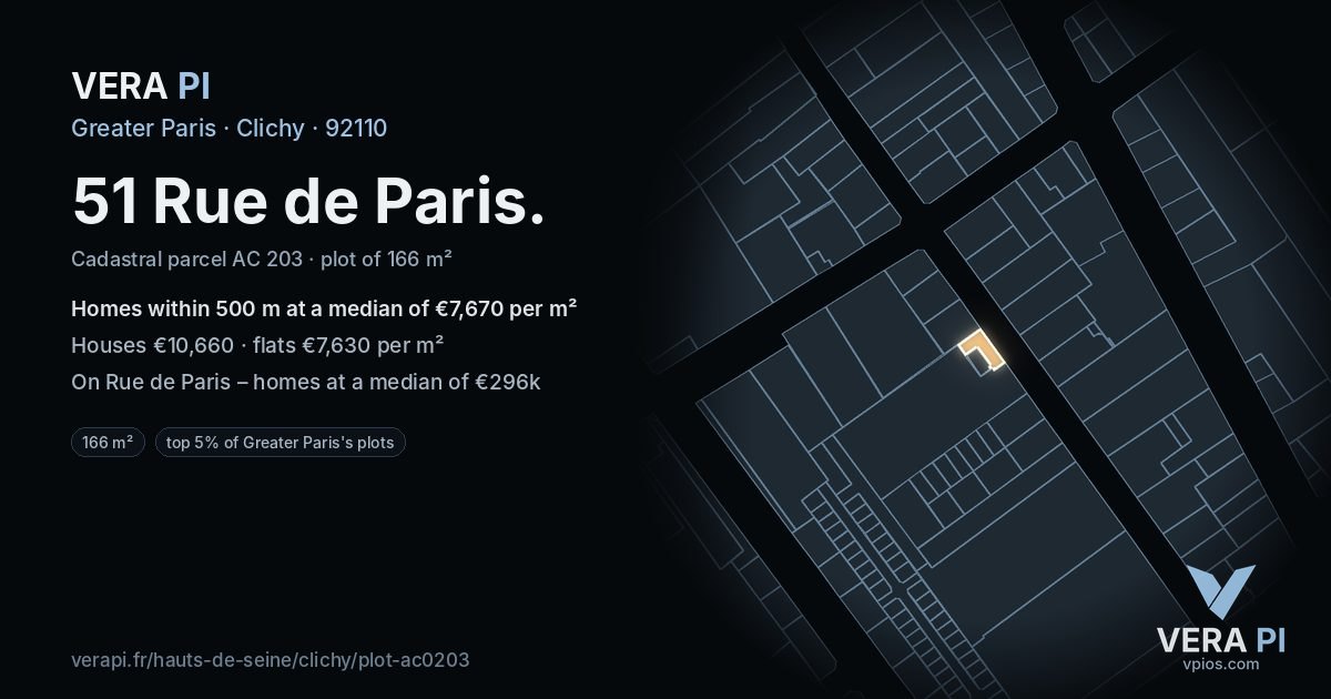 51 Rue de Paris, Clichy at night – the plot lit, the parcels around coloured by the prices near them