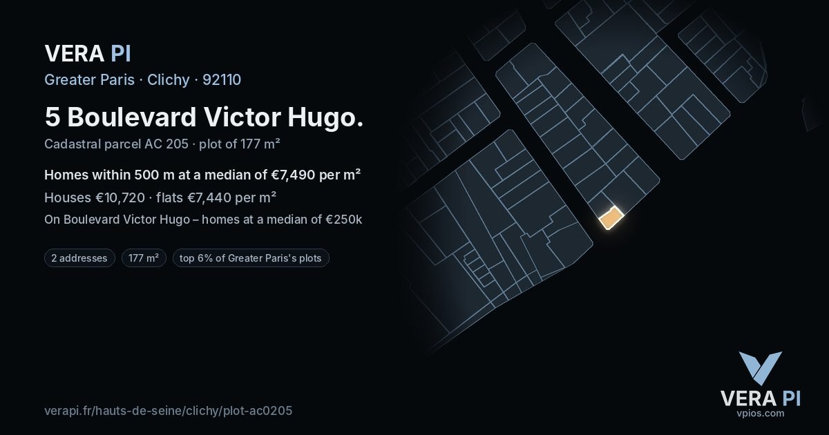 5 Boulevard Victor Hugo, Clichy at night – the plot lit, the parcels around coloured by the prices near them
