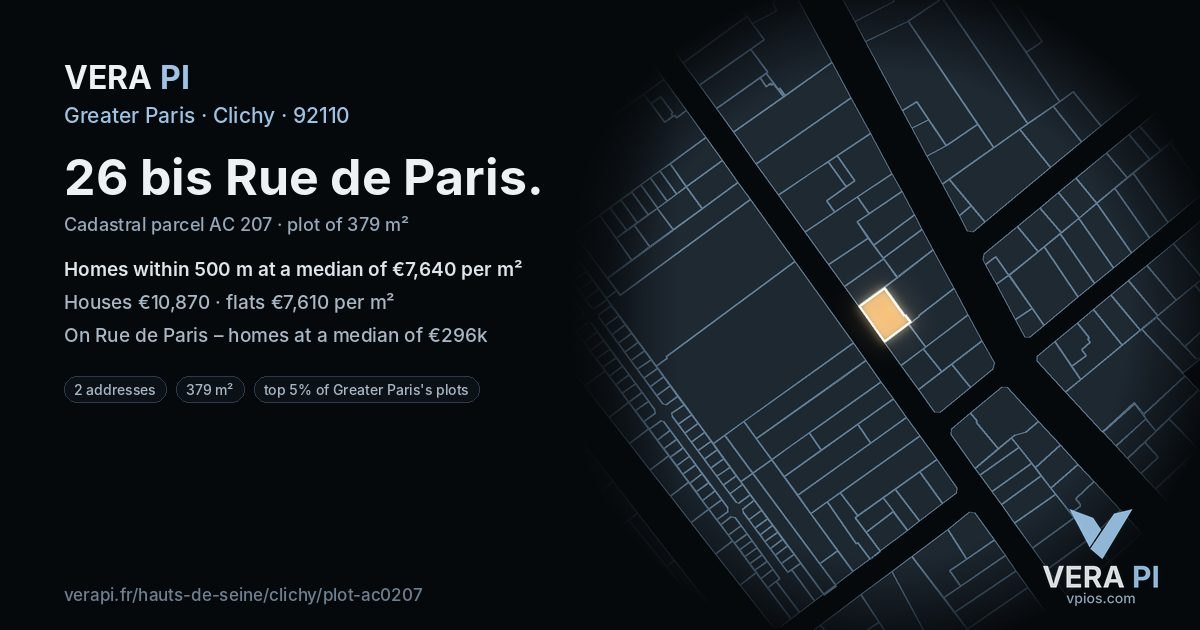 26 bis Rue de Paris, Clichy at night – the plot lit, the parcels around coloured by the prices near them