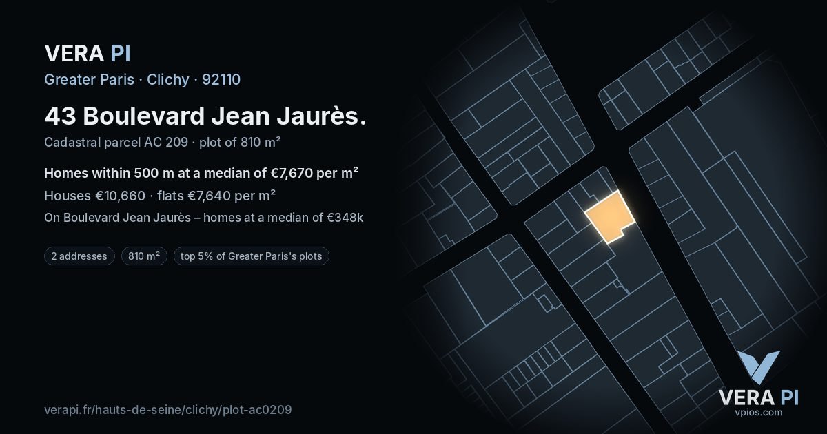 43 Boulevard Jean Jaurès, Clichy at night – the plot lit, the parcels around coloured by the prices near them