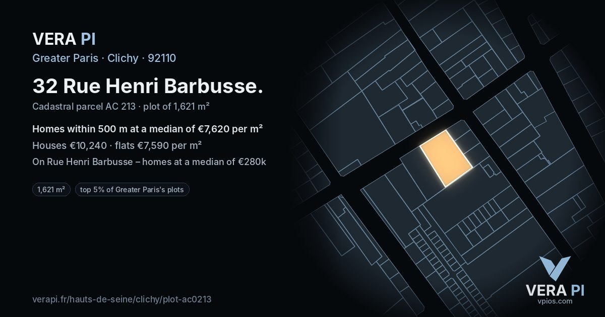 32 Rue Henri Barbusse, Clichy at night – the plot lit, the parcels around coloured by the prices near them