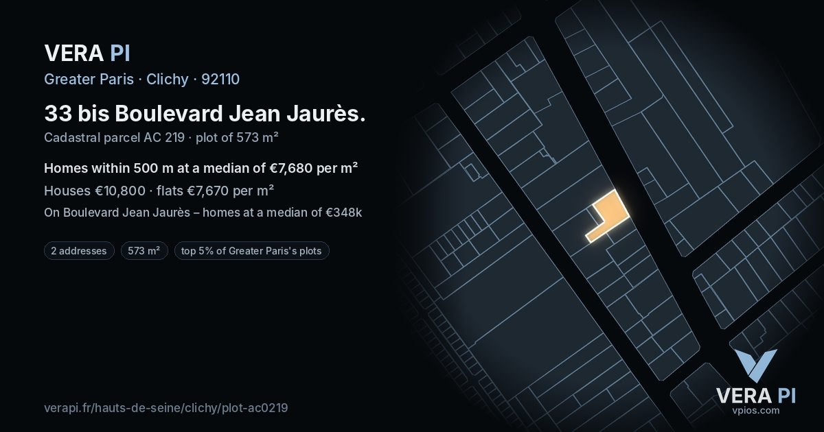 33 bis Boulevard Jean Jaurès, Clichy at night – the plot lit, the parcels around coloured by the prices near them