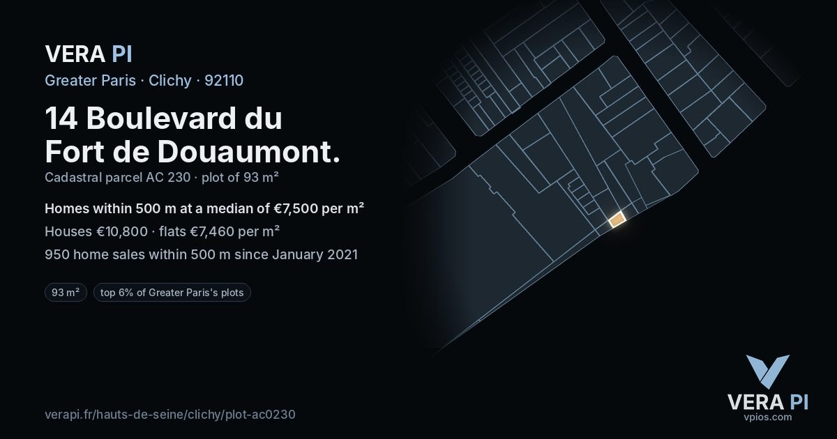 14 Boulevard du Fort de Douaumont, Clichy at night – the plot lit, the parcels around coloured by the prices near them