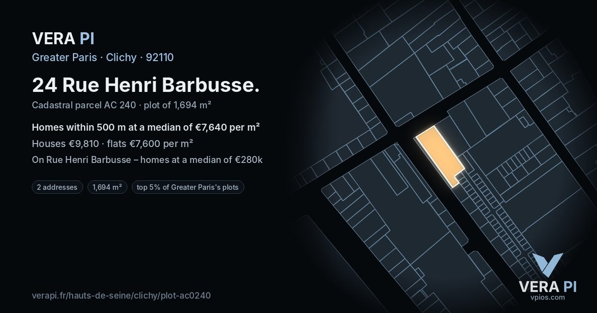 24 Rue Henri Barbusse, Clichy at night – the plot lit, the parcels around coloured by the prices near them