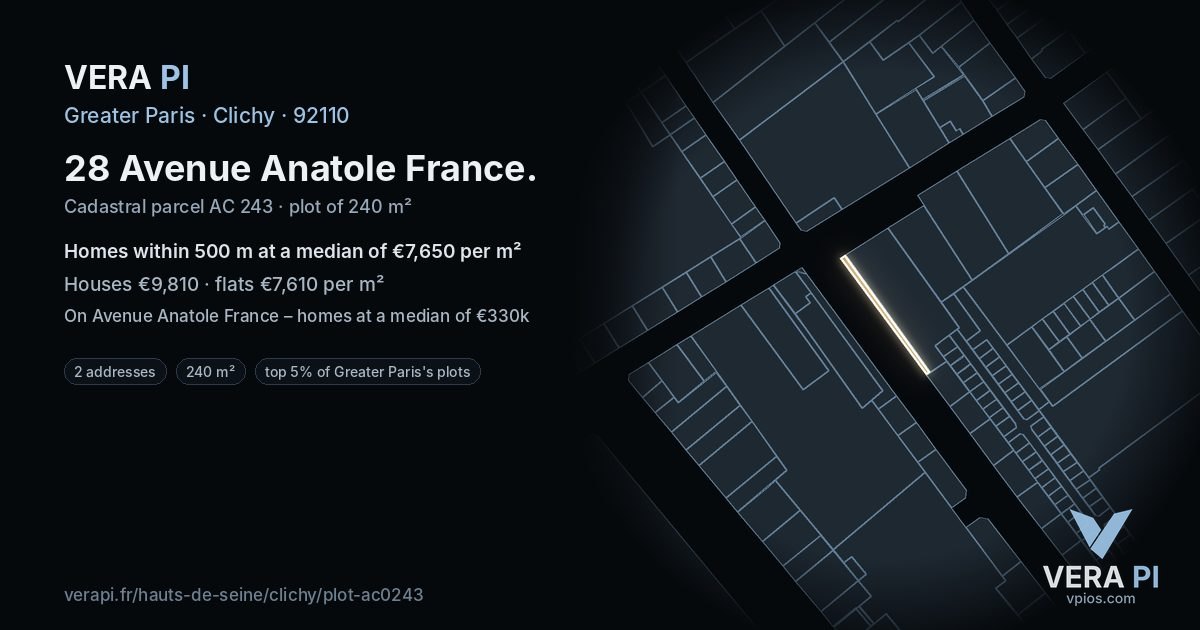28 Avenue Anatole France, Clichy at night – the plot lit, the parcels around coloured by the prices near them
