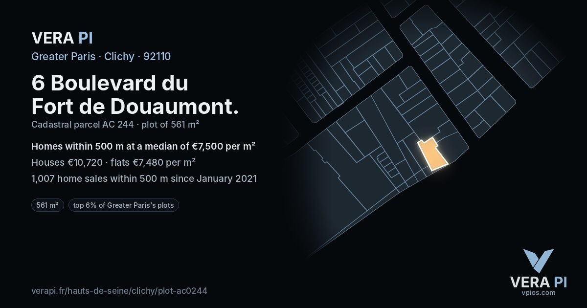 6 Boulevard du Fort de Douaumont, Clichy at night – the plot lit, the parcels around coloured by the prices near them