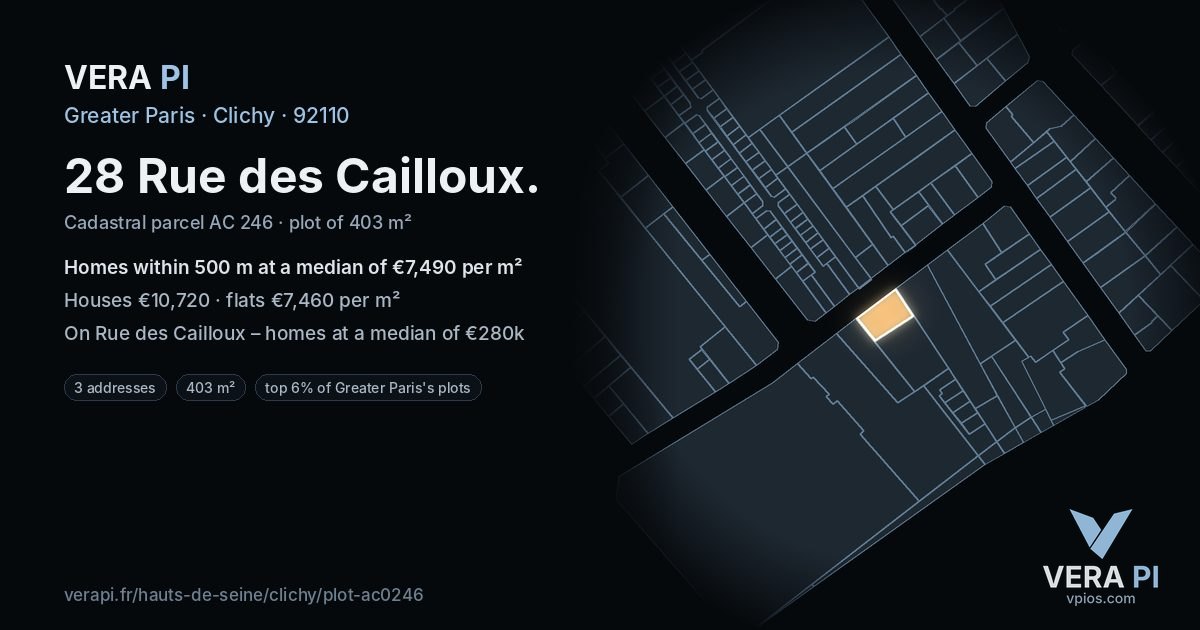 28 Rue des Cailloux, Clichy at night – the plot lit, the parcels around coloured by the prices near them