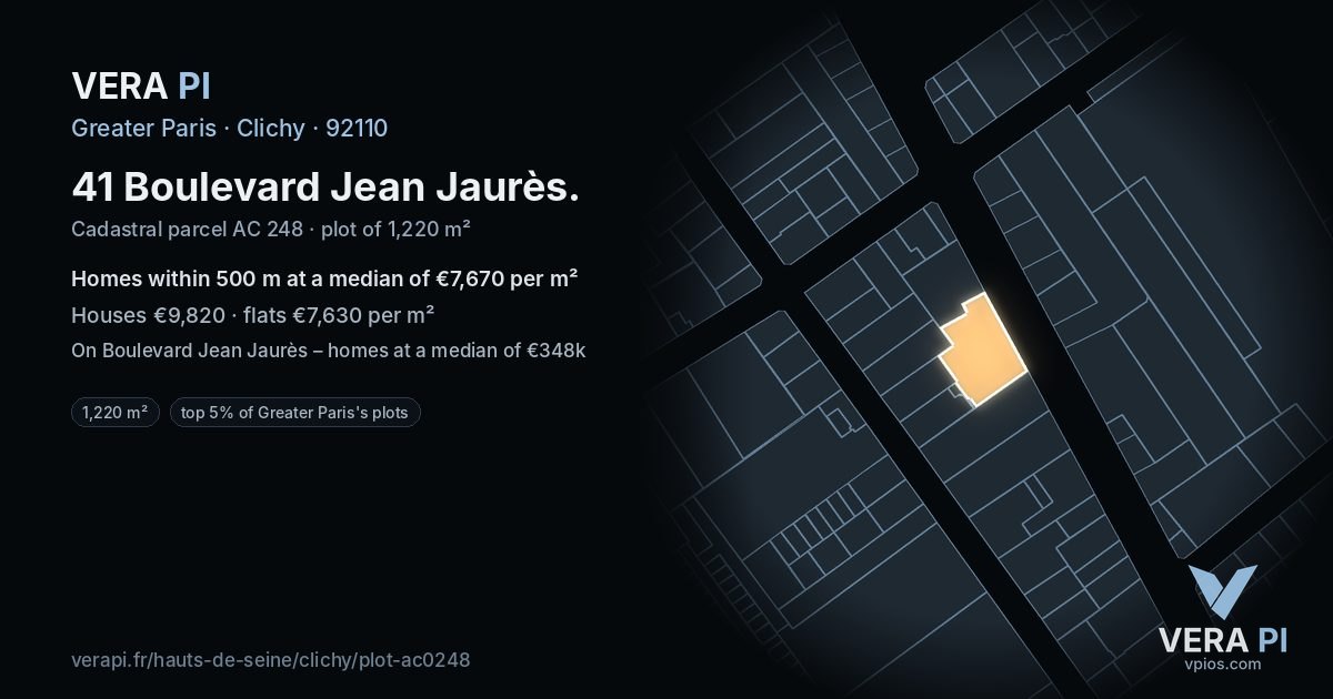 41 Boulevard Jean Jaurès, Clichy at night – the plot lit, the parcels around coloured by the prices near them