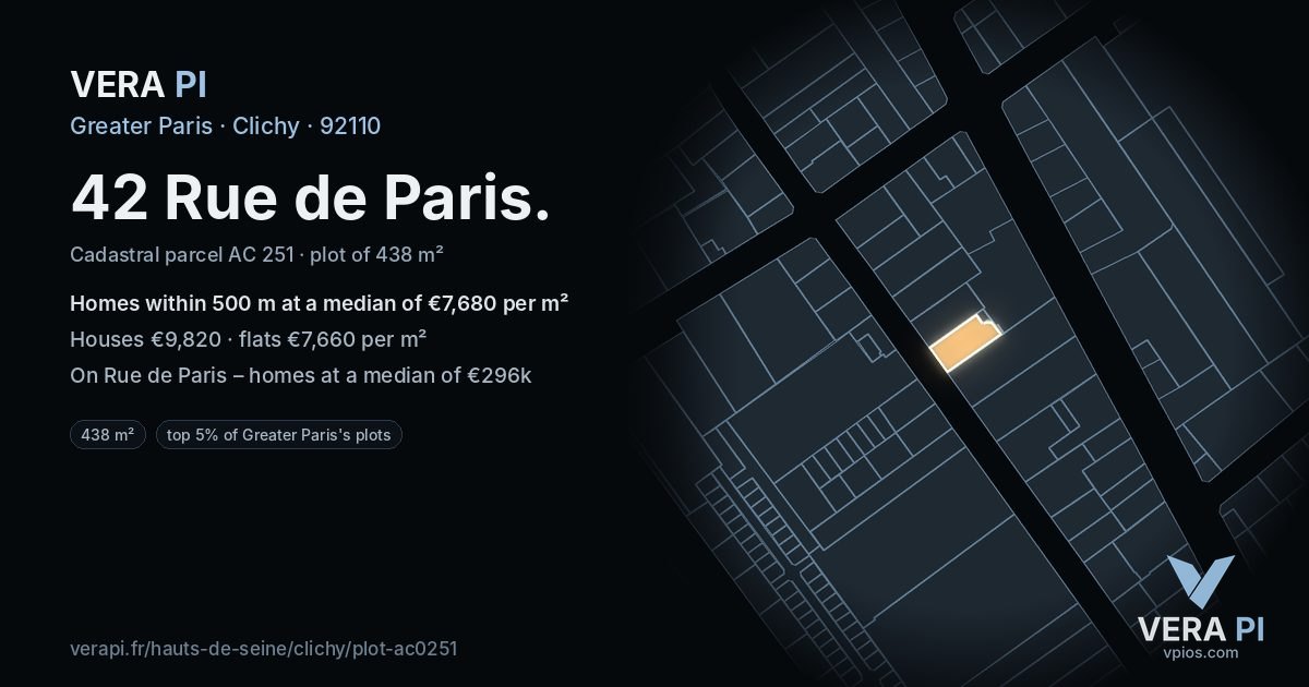 42 Rue de Paris, Clichy at night – the plot lit, the parcels around coloured by the prices near them