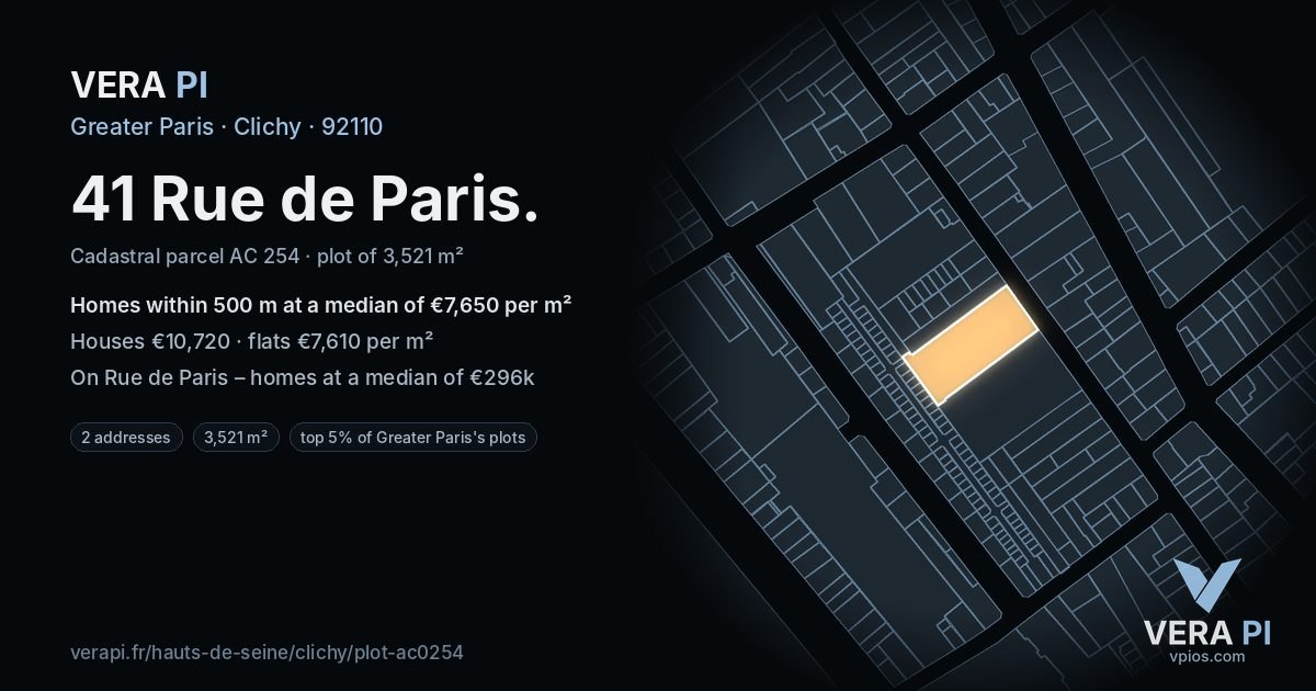 41 Rue de Paris, Clichy at night – the plot lit, the parcels around coloured by the prices near them