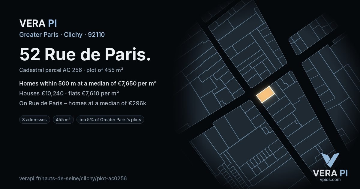 52 Rue de Paris, Clichy at night – the plot lit, the parcels around coloured by the prices near them