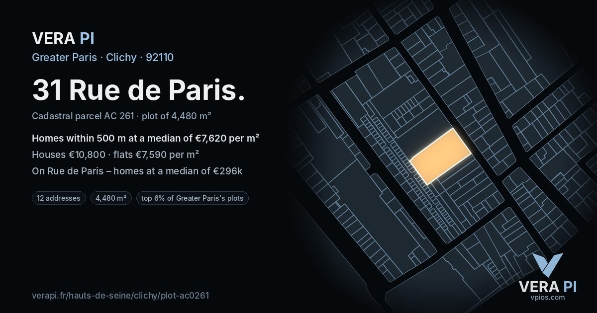 31 Rue de Paris, Clichy at night – the plot lit, the parcels around coloured by the prices near them
