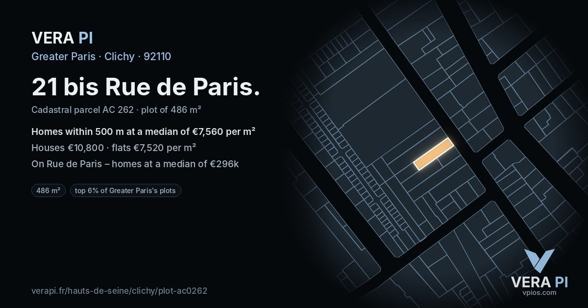 21 bis Rue de Paris, Clichy at night – the plot lit, the parcels around coloured by the prices near them