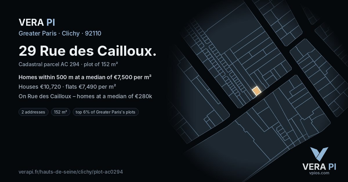 29 Rue des Cailloux, Clichy at night – the plot lit, the parcels around coloured by the prices near them