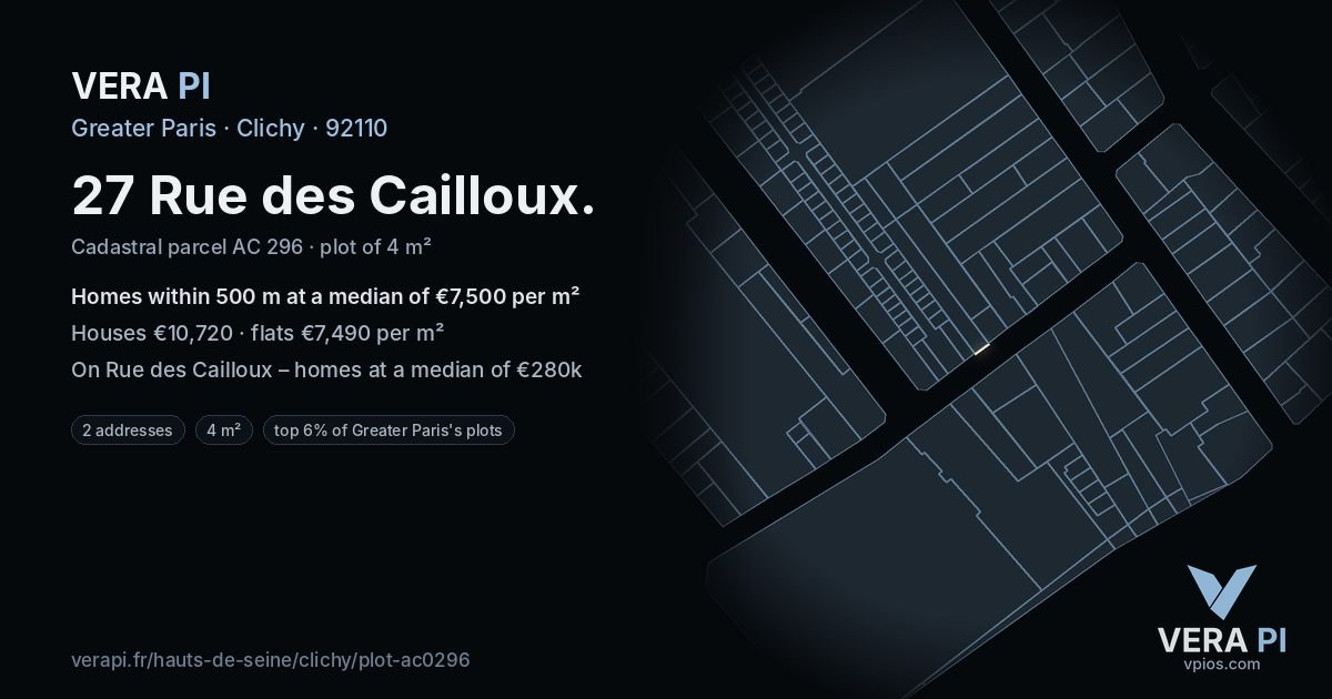 27 Rue des Cailloux, Clichy at night – the plot lit, the parcels around coloured by the prices near them