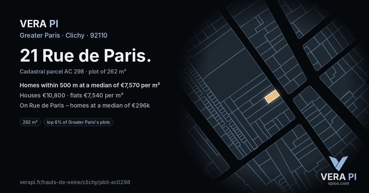 21 Rue de Paris, Clichy at night – the plot lit, the parcels around coloured by the prices near them