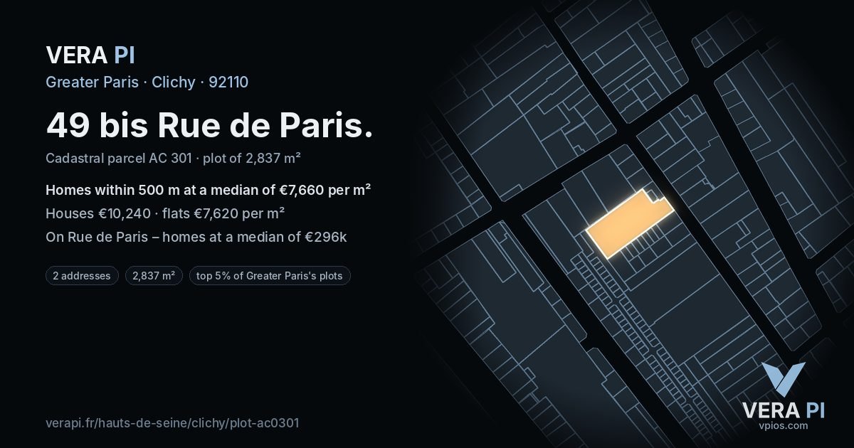 49 bis Rue de Paris, Clichy at night – the plot lit, the parcels around coloured by the prices near them