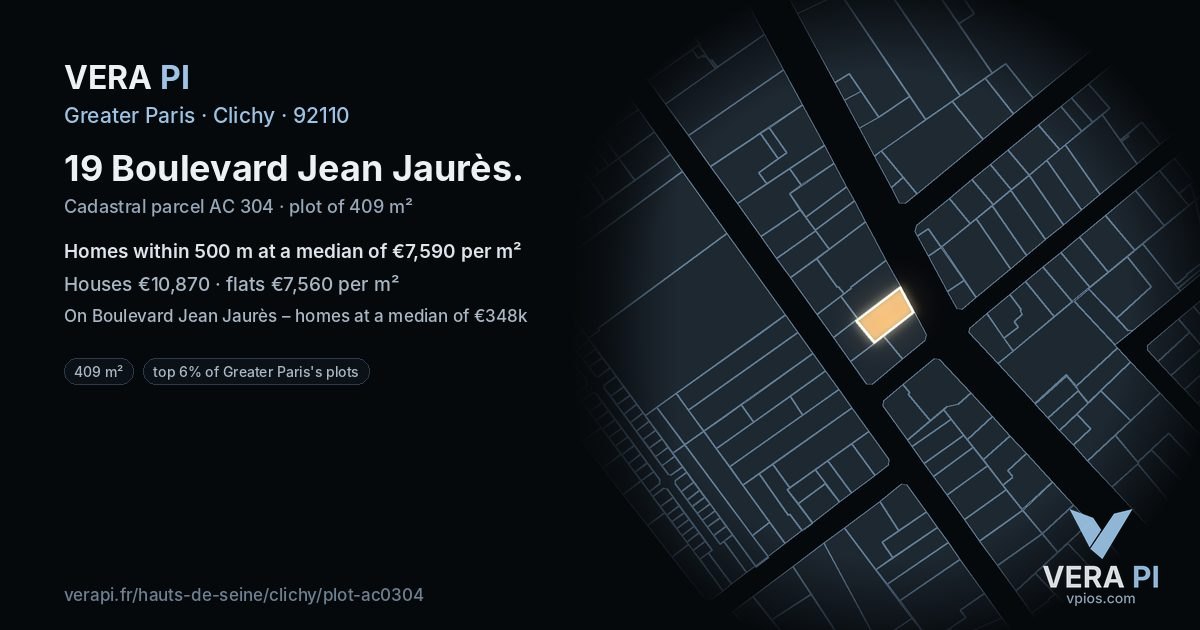 19 Boulevard Jean Jaurès, Clichy at night – the plot lit, the parcels around coloured by the prices near them
