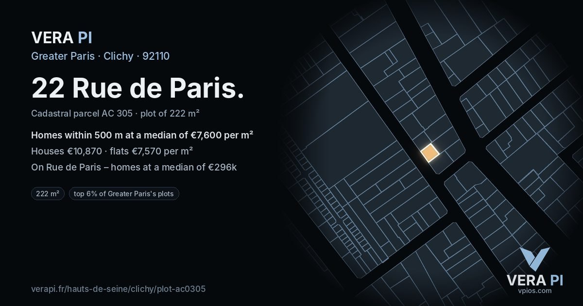 22 Rue de Paris, Clichy at night – the plot lit, the parcels around coloured by the prices near them