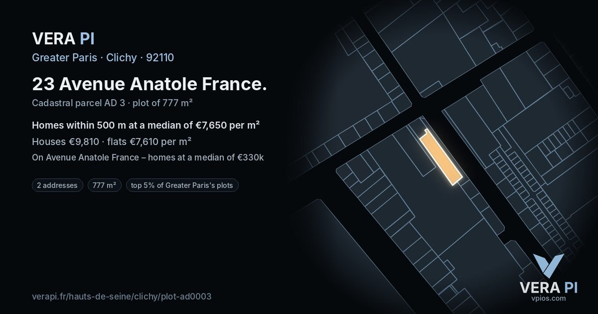 23 Avenue Anatole France, Clichy at night – the plot lit, the parcels around coloured by the prices near them
