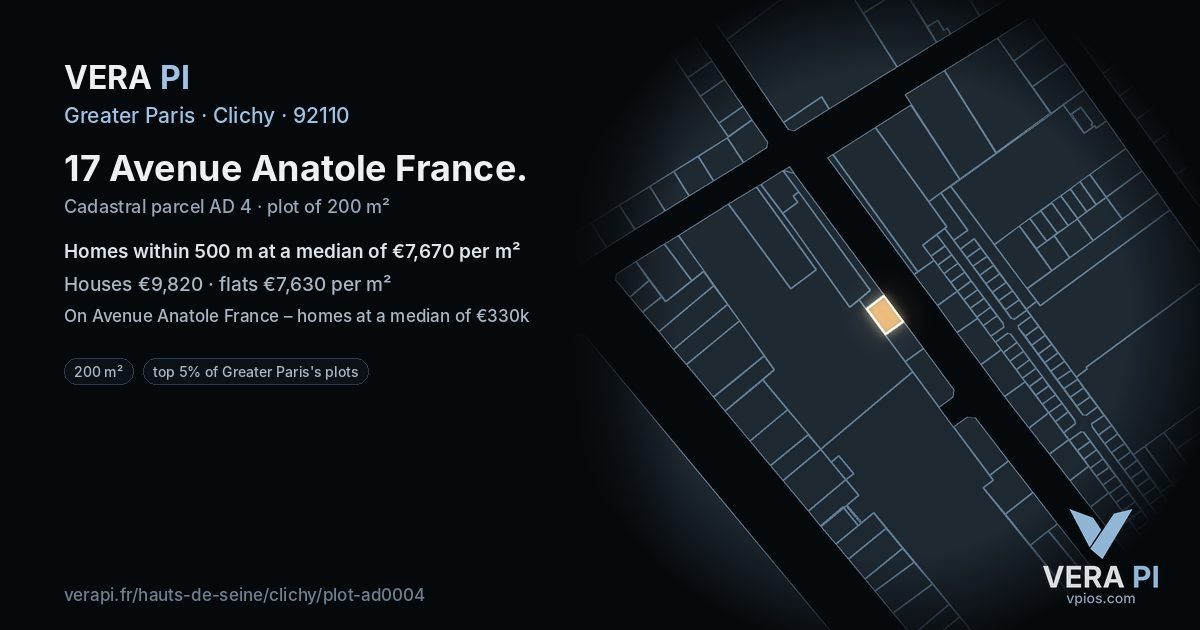 17 Avenue Anatole France, Clichy at night – the plot lit, the parcels around coloured by the prices near them