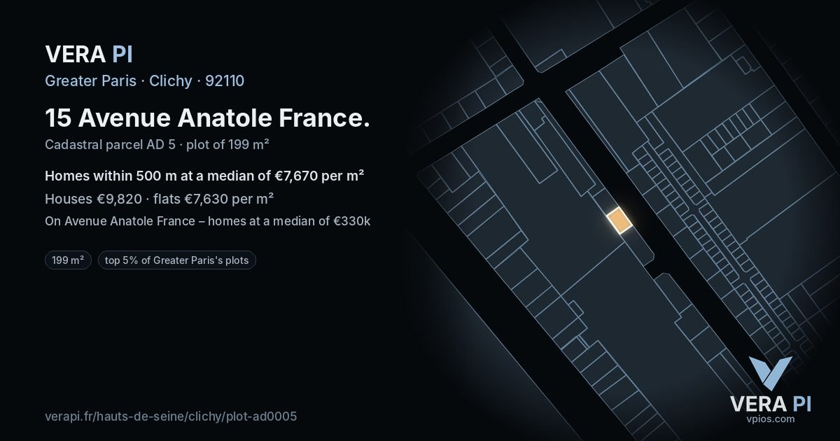 15 Avenue Anatole France, Clichy at night – the plot lit, the parcels around coloured by the prices near them