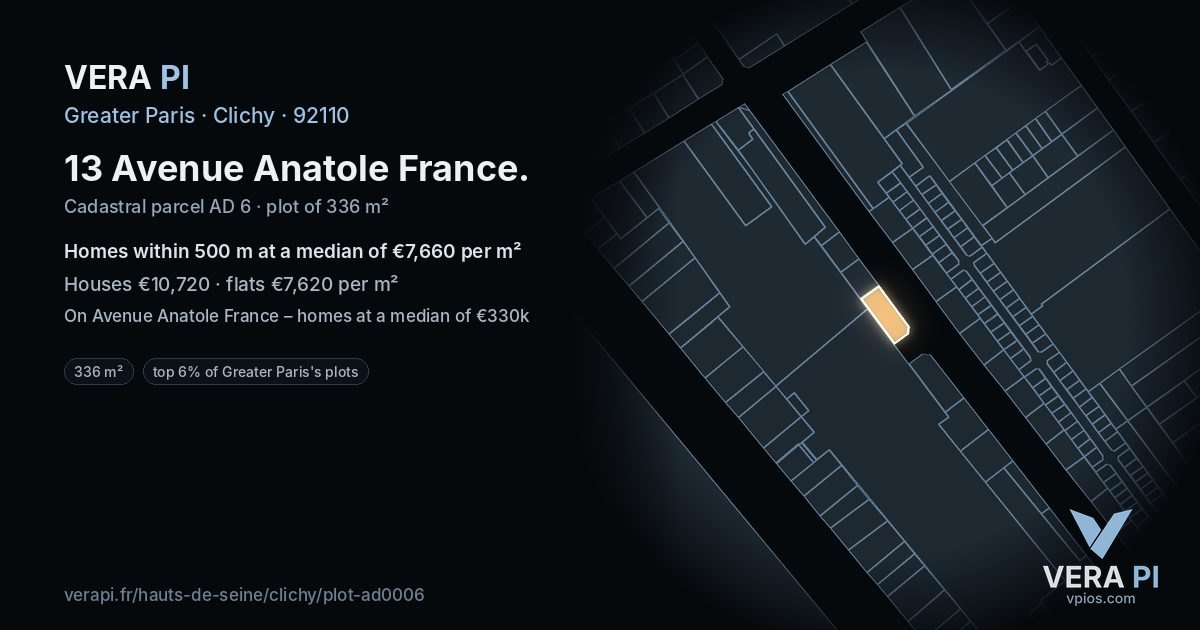 13 Avenue Anatole France, Clichy at night – the plot lit, the parcels around coloured by the prices near them