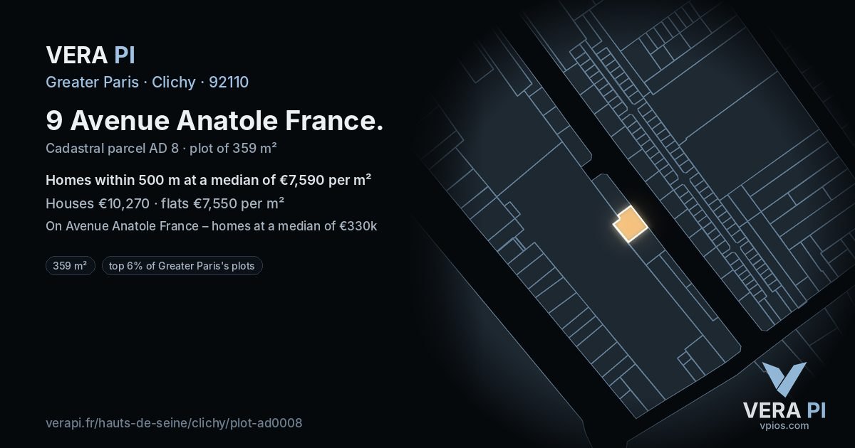 9 Avenue Anatole France, Clichy at night – the plot lit, the parcels around coloured by the prices near them