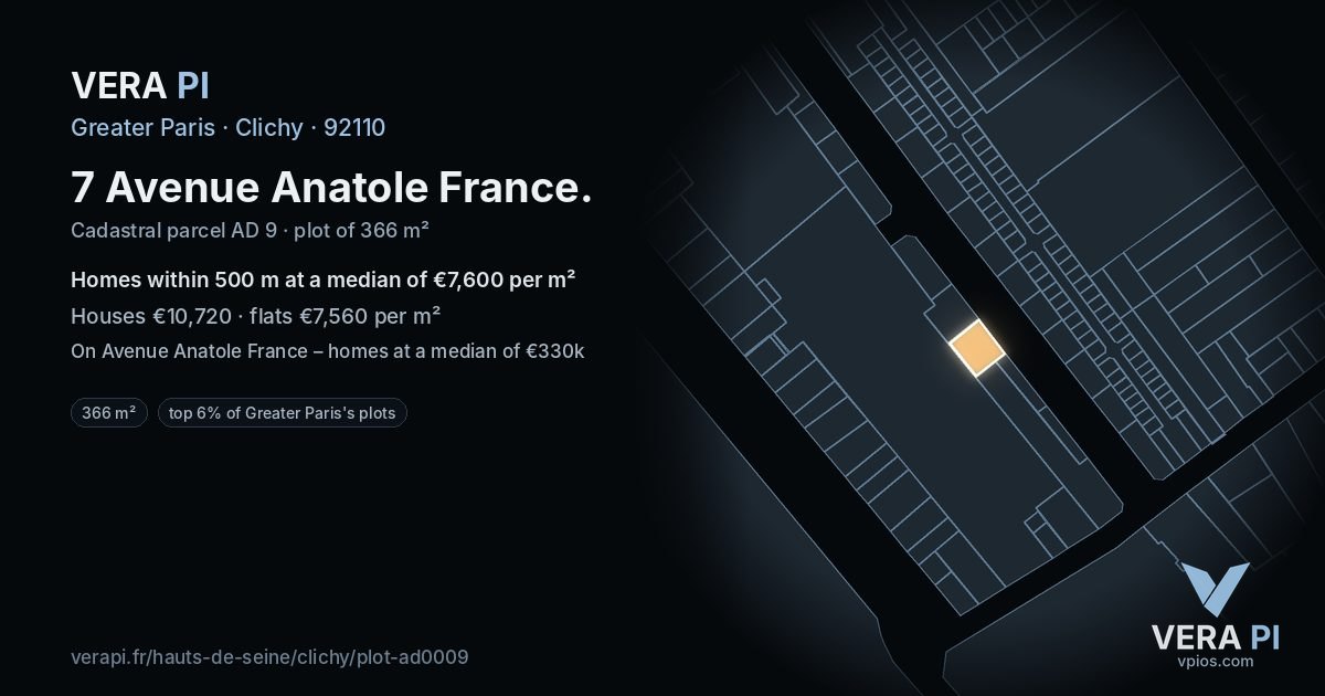 7 Avenue Anatole France, Clichy at night – the plot lit, the parcels around coloured by the prices near them