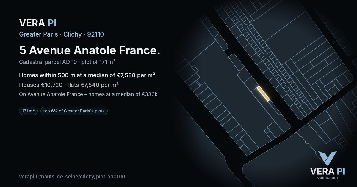 5 Avenue Anatole France, Clichy at night – the plot lit, the parcels around coloured by the prices near them