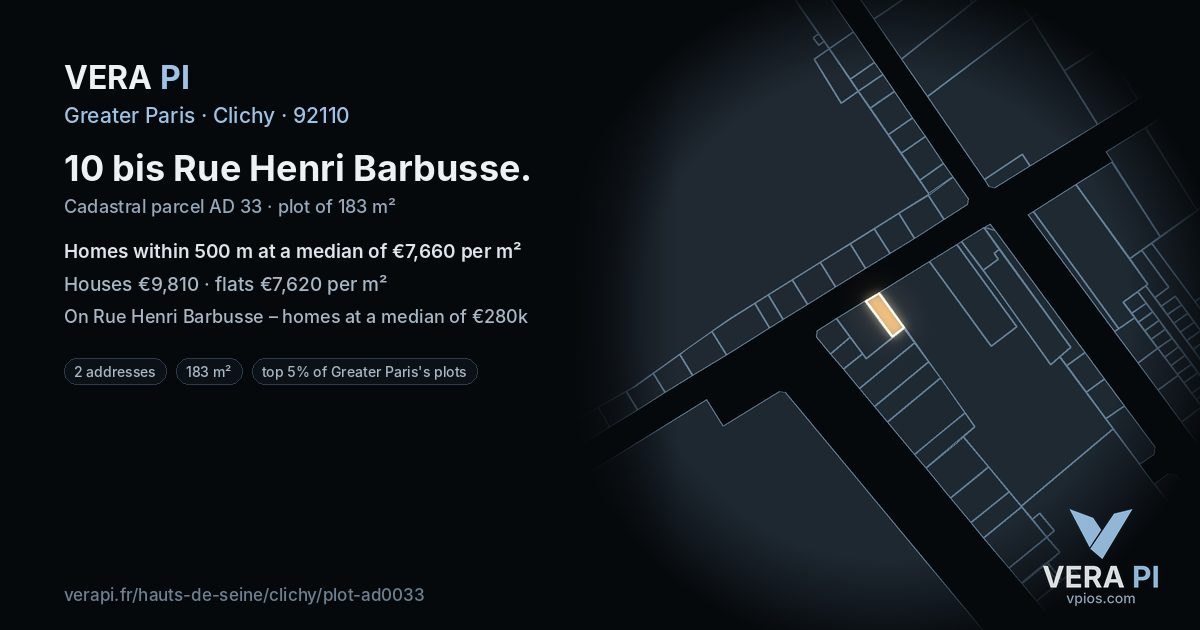 10 bis Rue Henri Barbusse, Clichy at night – the plot lit, the parcels around coloured by the prices near them