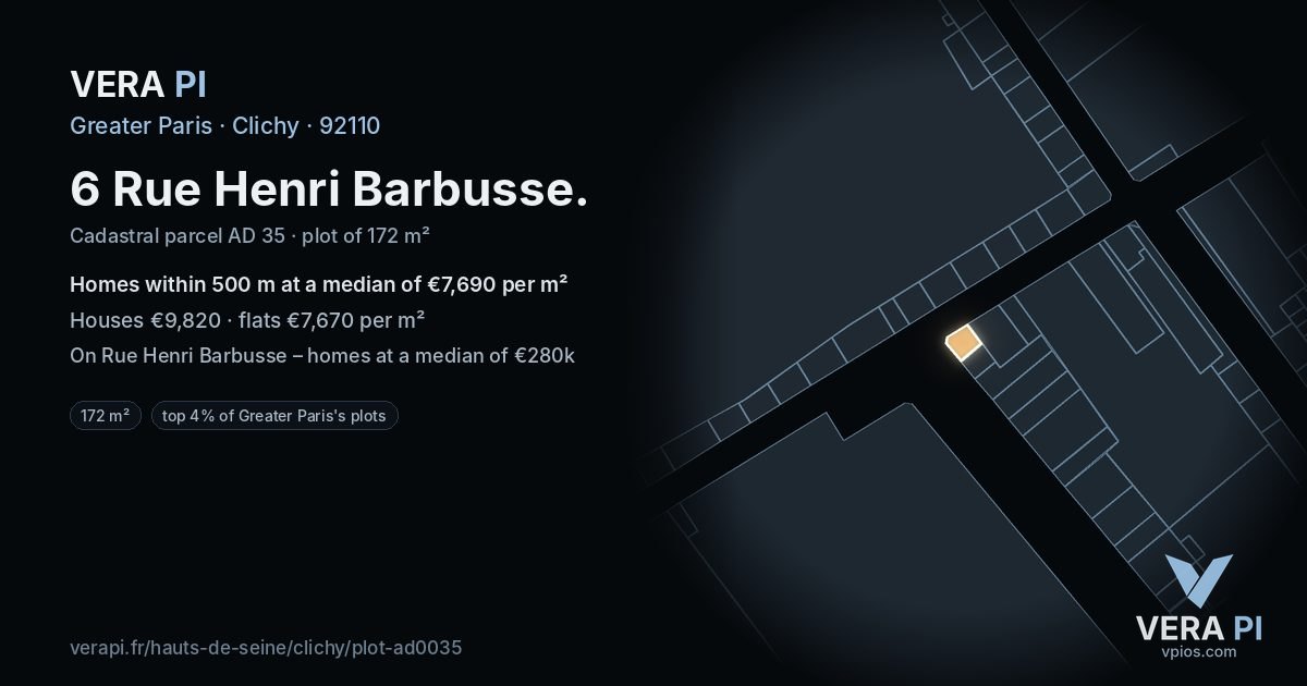 6 Rue Henri Barbusse, Clichy at night – the plot lit, the parcels around coloured by the prices near them