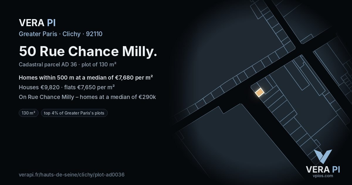 50 Rue Chance Milly, Clichy at night – the plot lit, the parcels around coloured by the prices near them