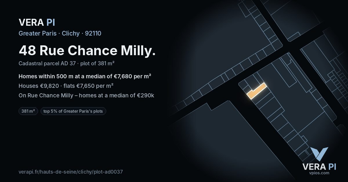 48 Rue Chance Milly, Clichy at night – the plot lit, the parcels around coloured by the prices near them
