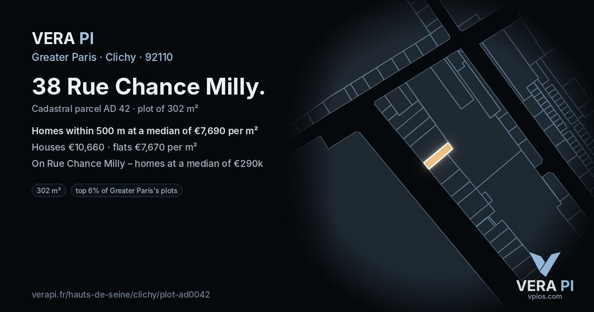 38 Rue Chance Milly, Clichy at night – the plot lit, the parcels around coloured by the prices near them