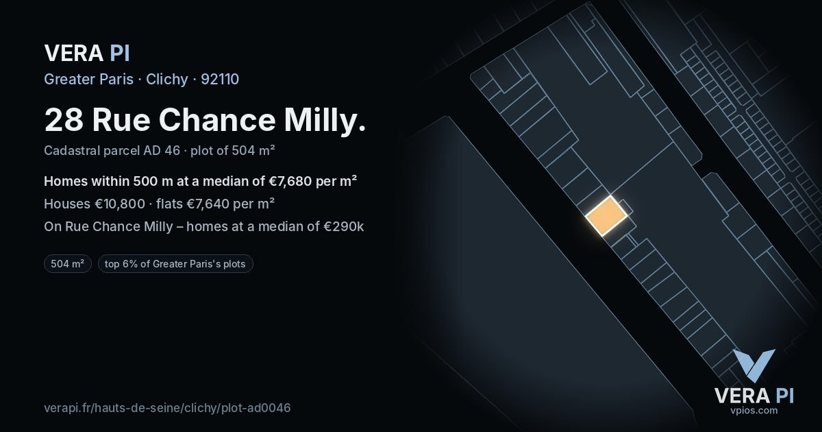 28 Rue Chance Milly, Clichy at night – the plot lit, the parcels around coloured by the prices near them