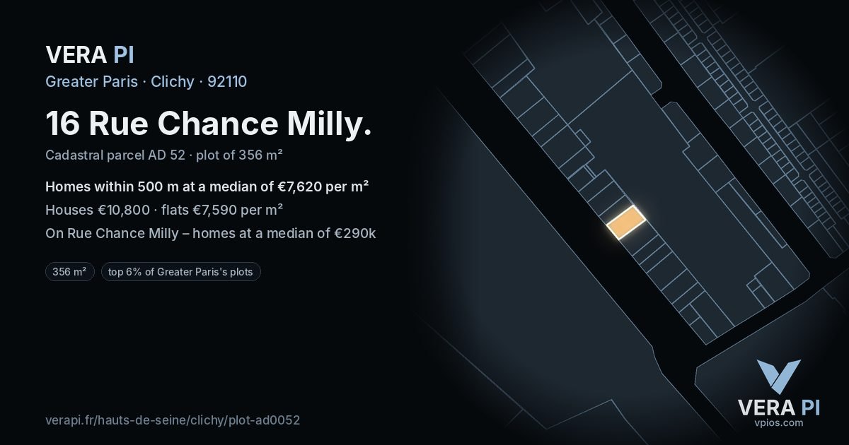16 Rue Chance Milly, Clichy at night – the plot lit, the parcels around coloured by the prices near them