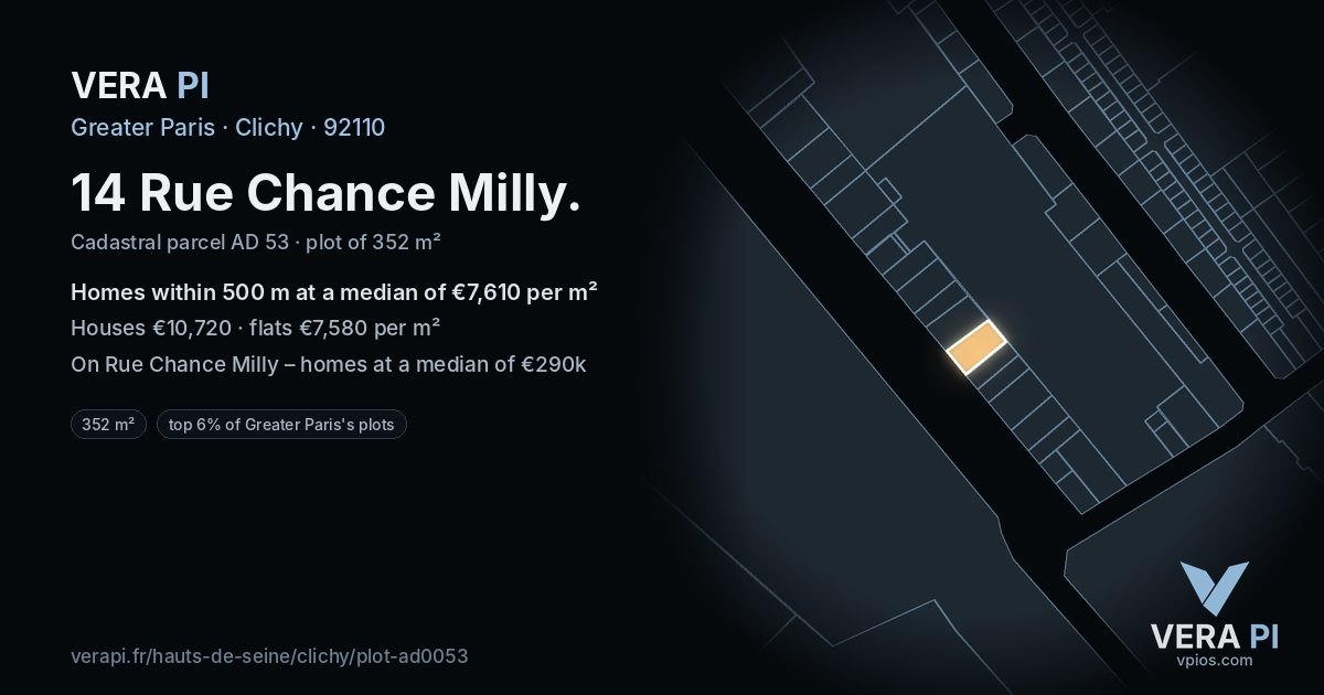 14 Rue Chance Milly, Clichy at night – the plot lit, the parcels around coloured by the prices near them