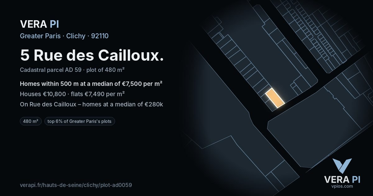 5 Rue des Cailloux, Clichy at night – the plot lit, the parcels around coloured by the prices near them