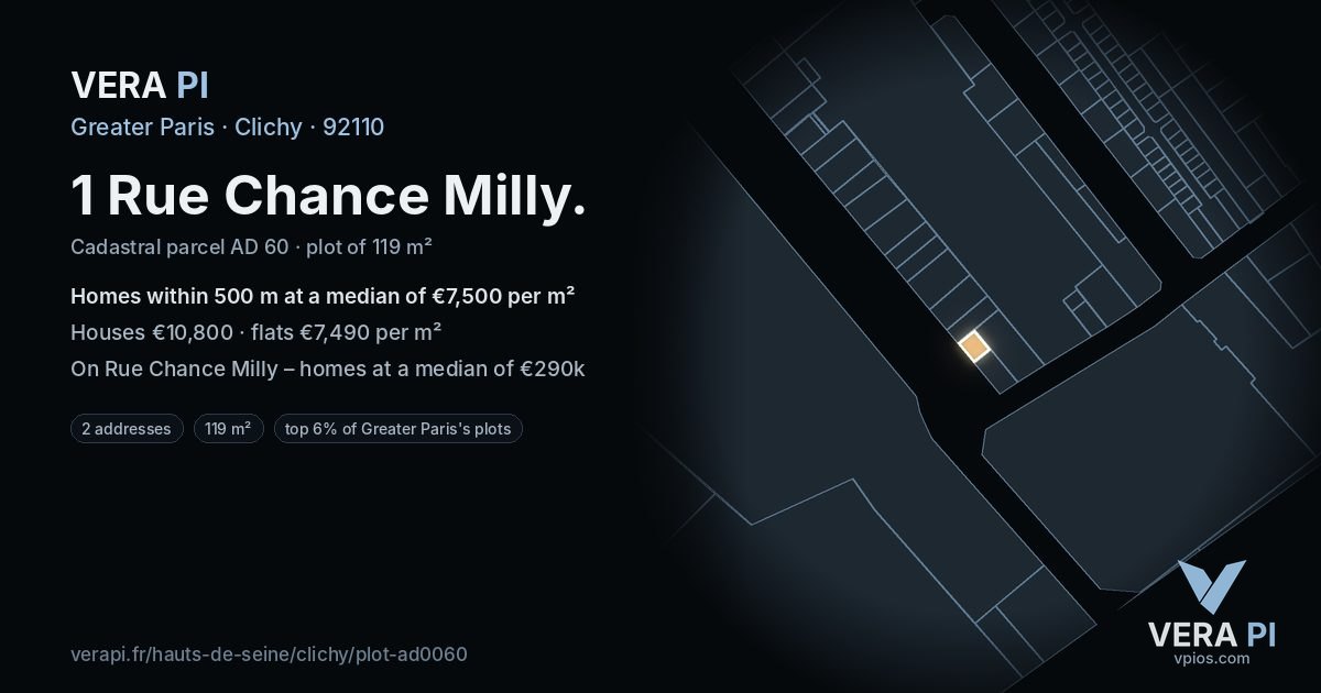1 Rue Chance Milly, Clichy at night – the plot lit, the parcels around coloured by the prices near them
