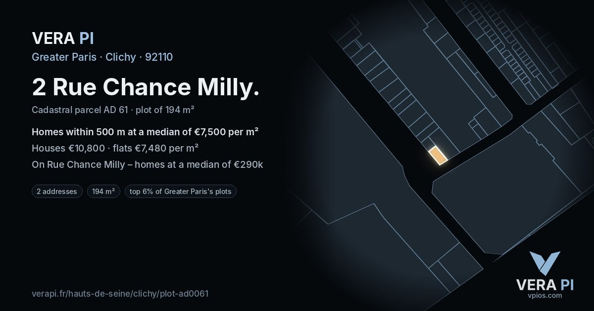 2 Rue Chance Milly, Clichy at night – the plot lit, the parcels around coloured by the prices near them