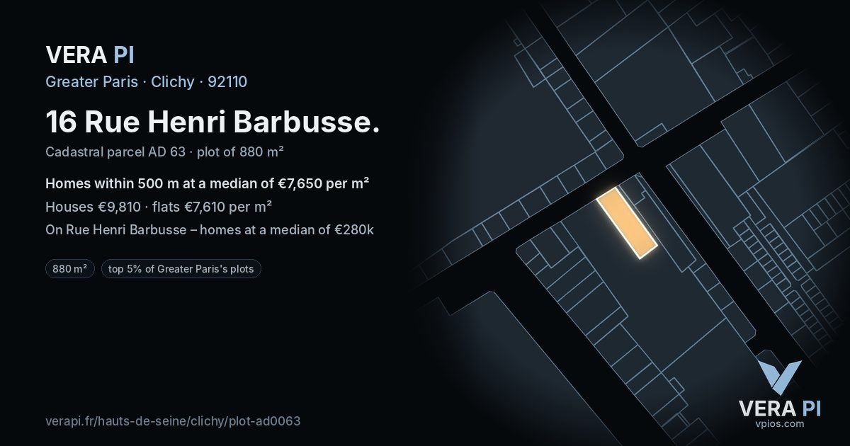 16 Rue Henri Barbusse, Clichy at night – the plot lit, the parcels around coloured by the prices near them