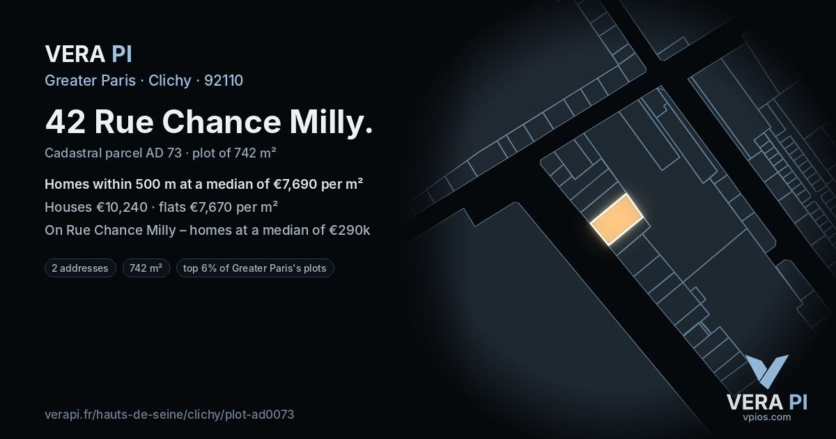 42 Rue Chance Milly, Clichy at night – the plot lit, the parcels around coloured by the prices near them